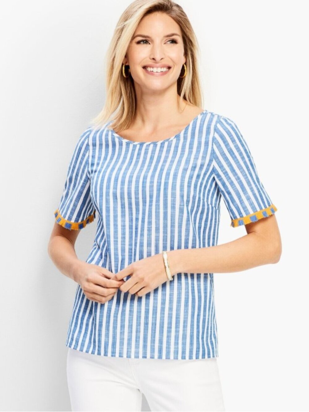 Talbots Blue Stripe Cotton Fringe Trim Round Neck Top